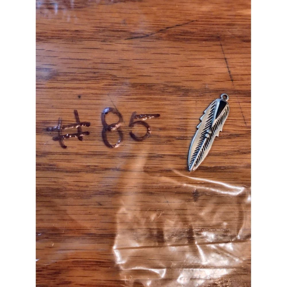 Vintage Sterling Silver 925 Feather Pendant Charm Black Enamel Inlay Boho